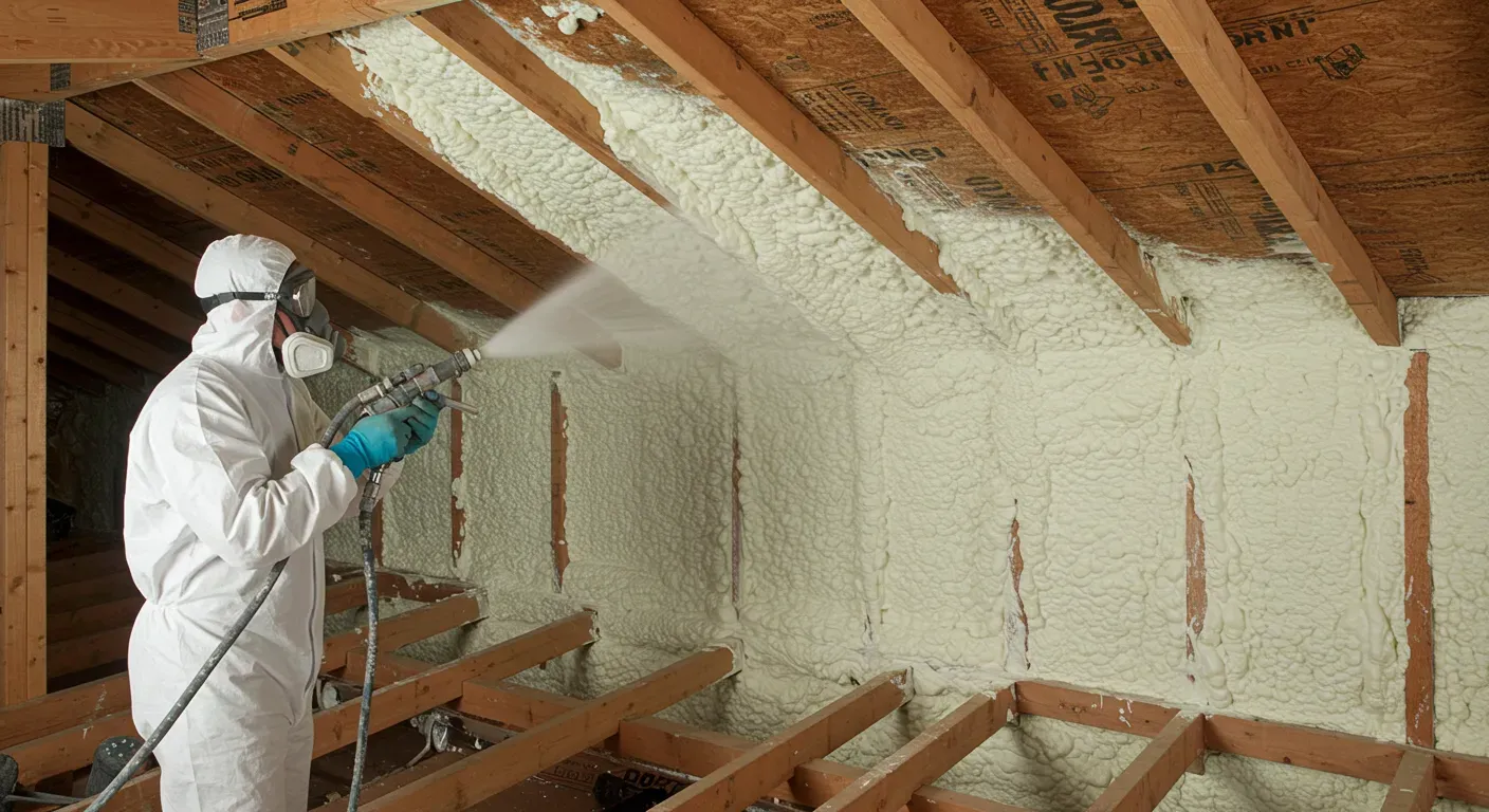 Worker applying spray foam insulation in an attic.